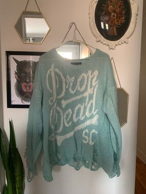 Drop Dead Light Blue Distressed Crewneck Sweater
